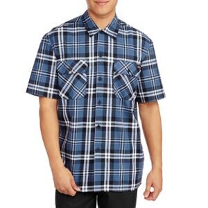 Dickies Short Sleeve Two Pocket Plaid Workshirt Button Front Blue White Mens XL